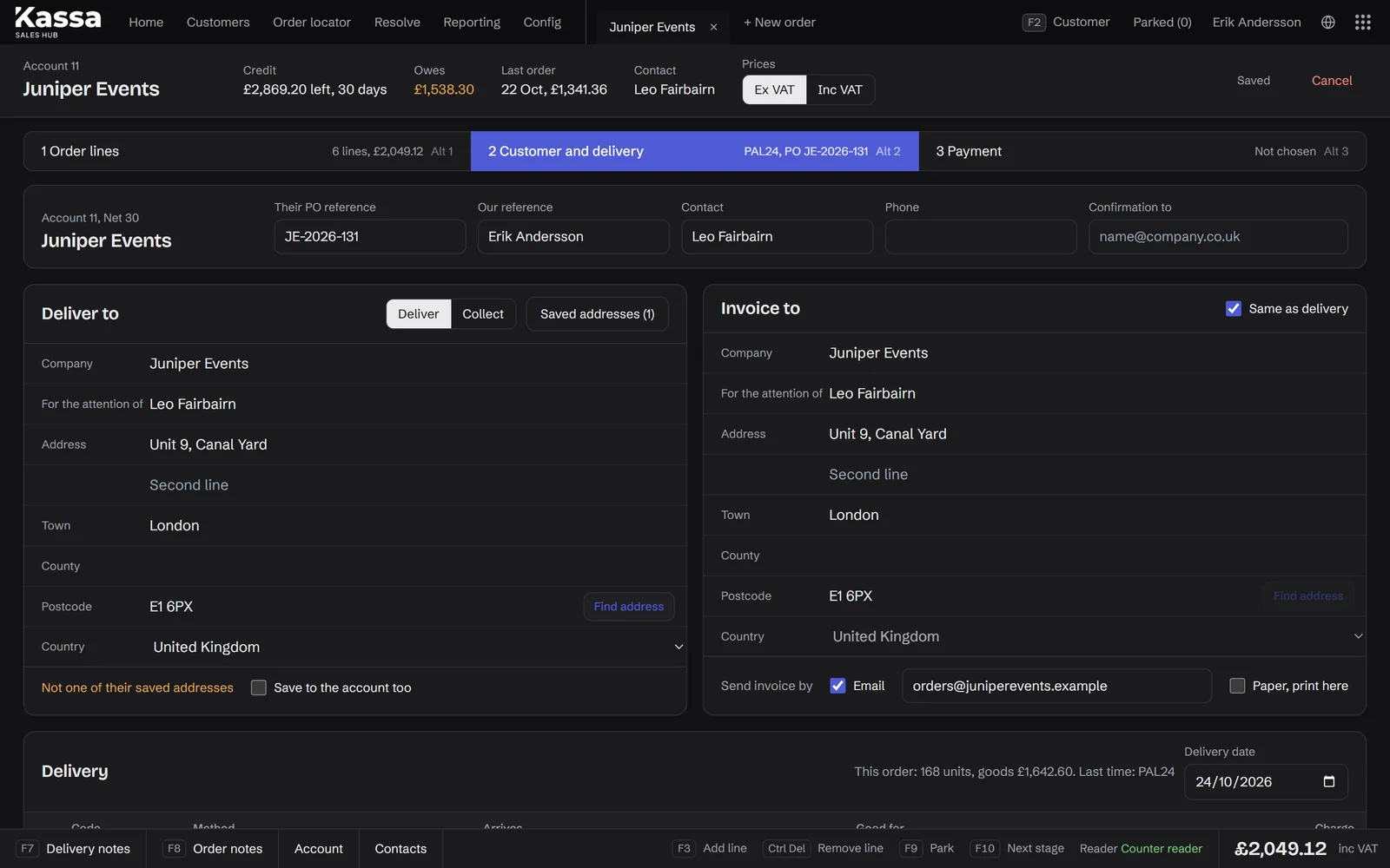 The customer and delivery step in the Kassa Sales Hub, with the customer's own PO reference, the delivery and invoice addresses and how the invoice is sent