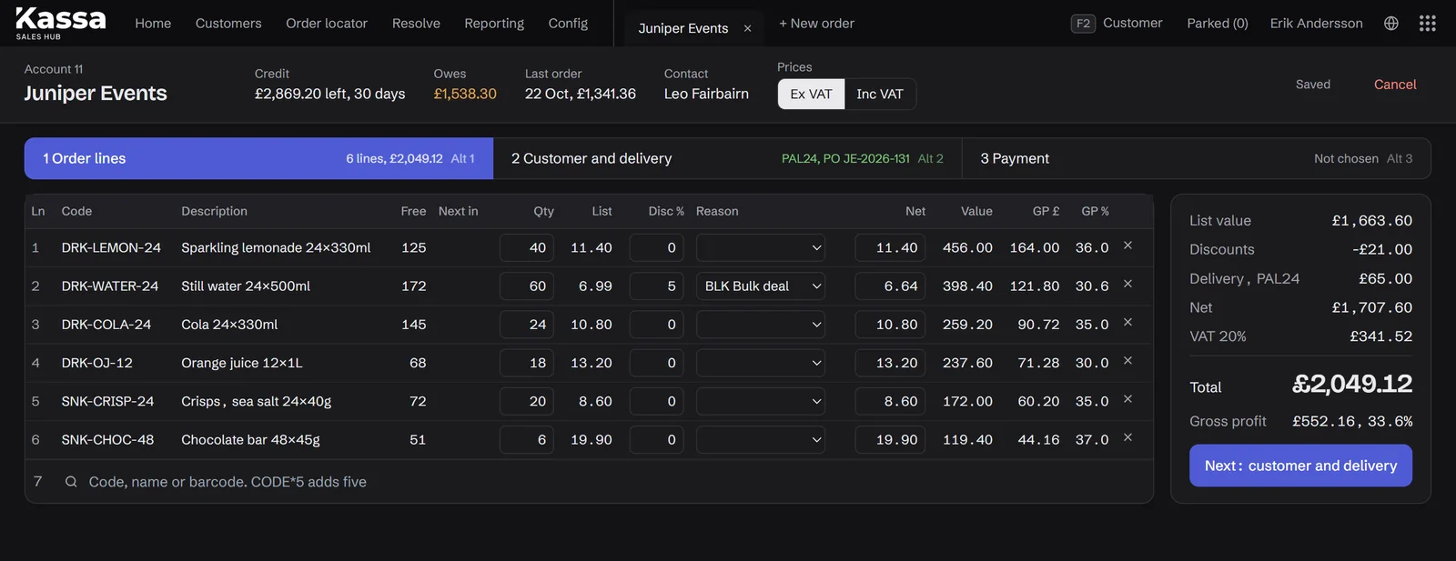 An order for a trade customer in the Kassa Sales Hub: six lines with stock, list price, a bulk-deal discount and the margin on each line, beside the totals and gross profit