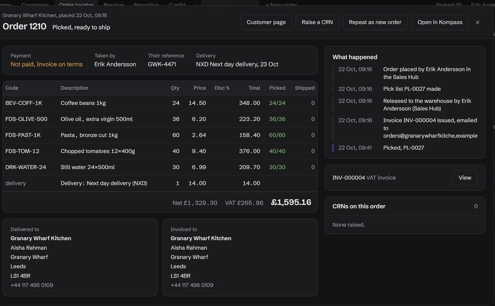An order in the Kassa Sales Hub with what happened to it: placed in the Sales Hub, its pick list made, released to the warehouse, invoiced and picked