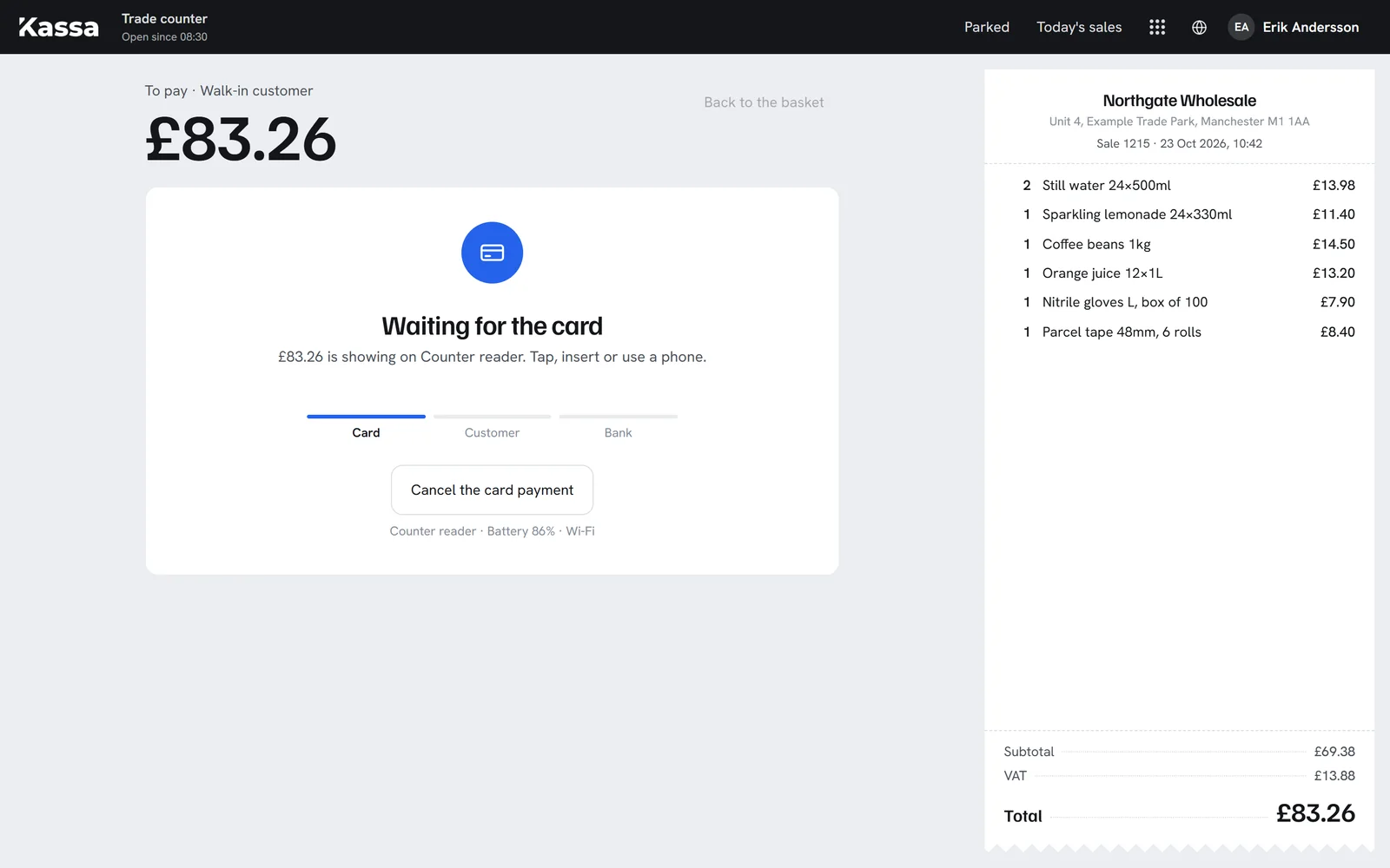 The Kassa till waiting for the card, with £83.26 showing on the Counter reader, the steps card, customer and bank, and a button to cancel
