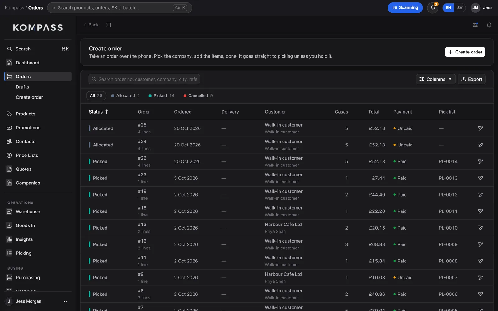 The Kompass orders list with status, order number, customer, cases, total, payment and pick list for each order